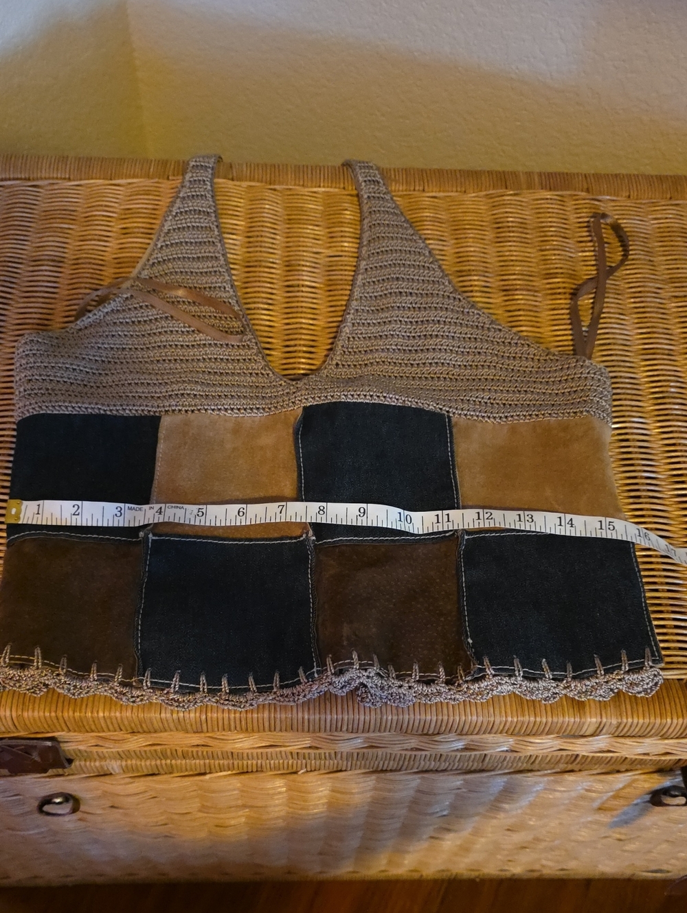 Y2K Wilson's Leather suede denim crochet patchwork halter top pants set - Picture 11 of 14